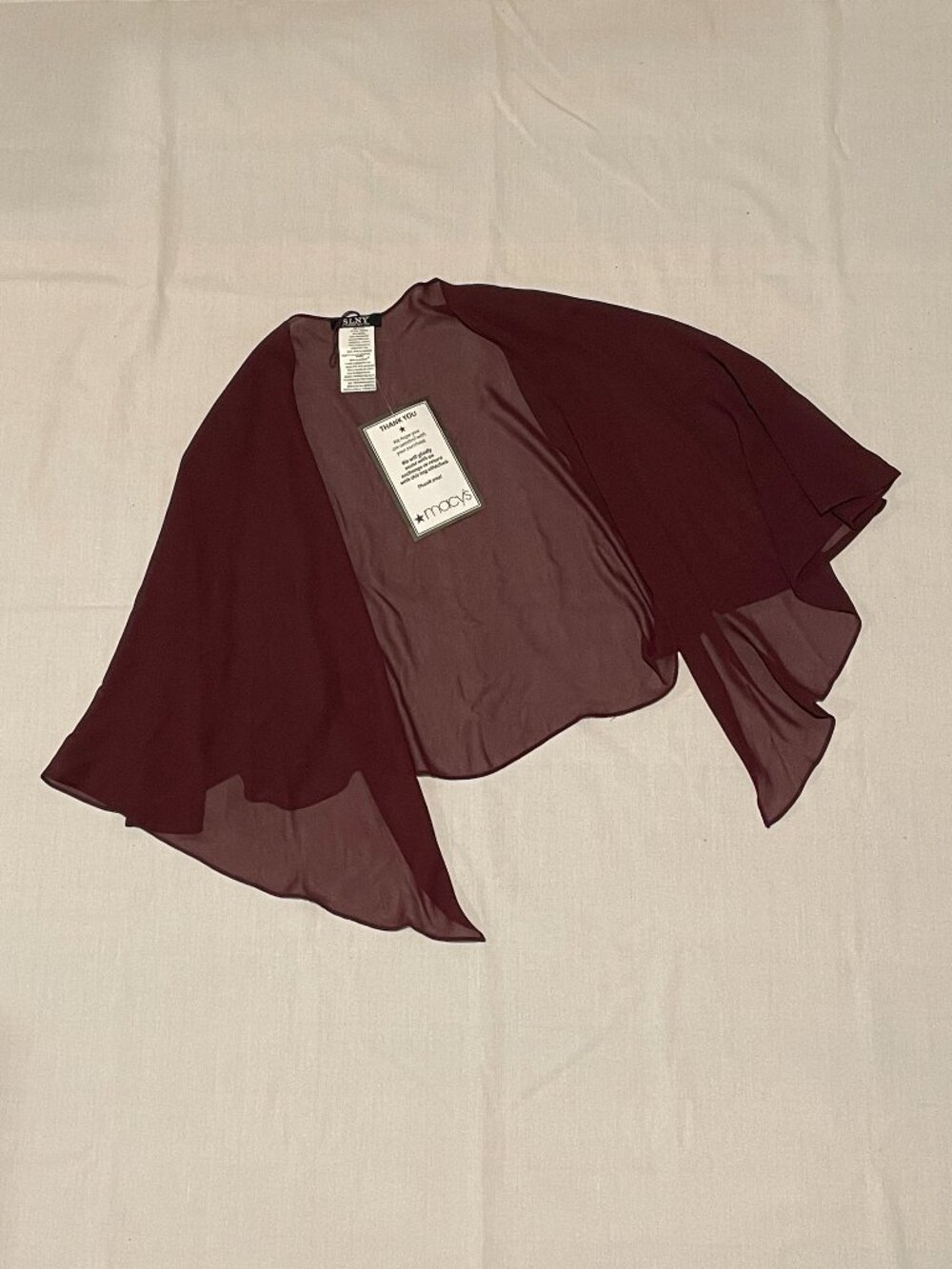 NWT SLNY Macy's sheer maroon cropped chiffon formal shrug